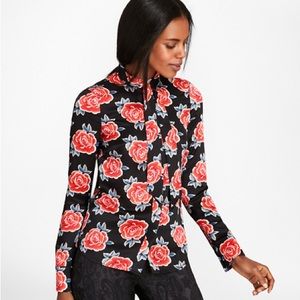BROOKS BROTHERS ROSE-PRINT SILK SATIN BOW-NECK BLOUSE